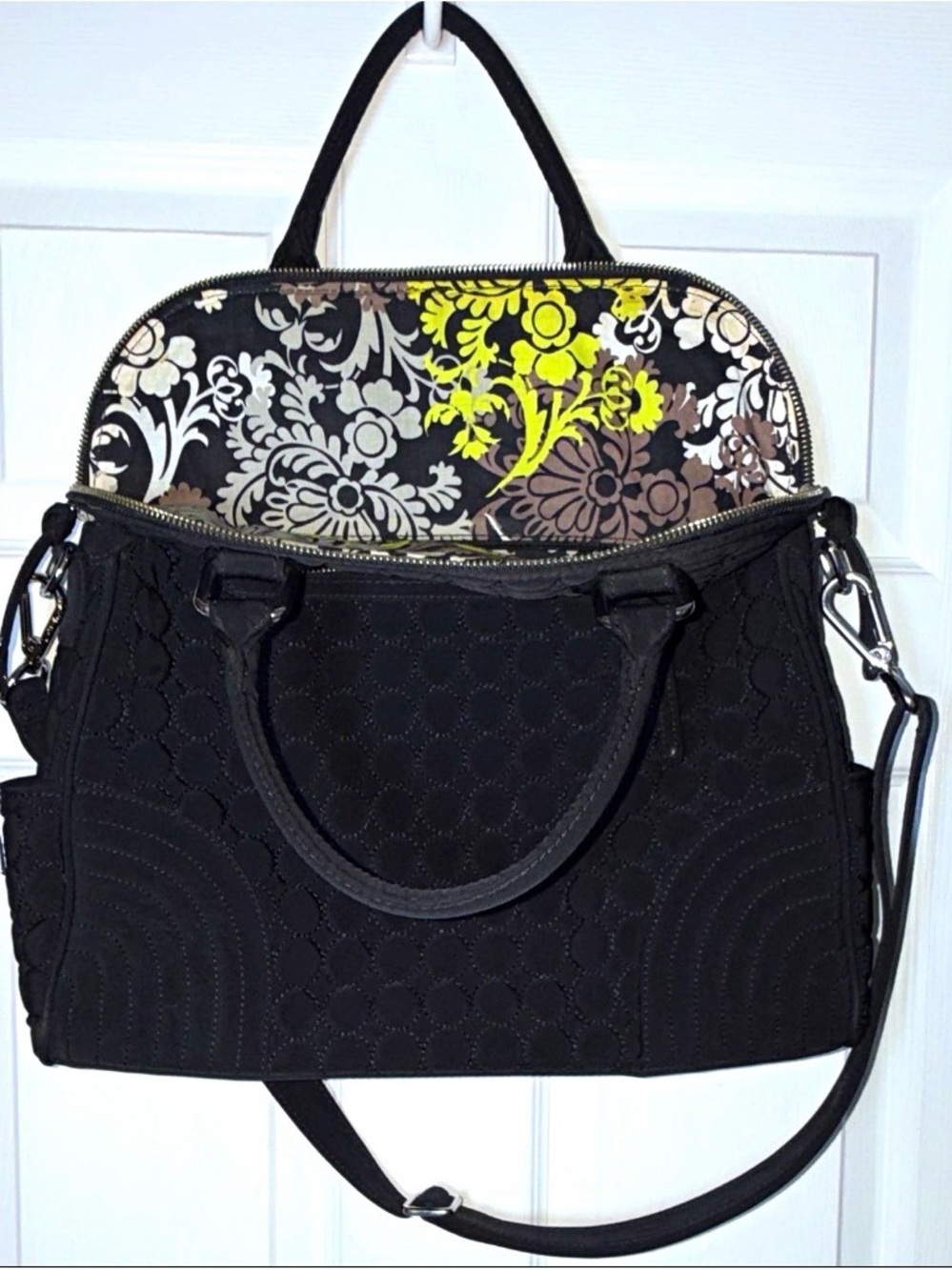 Vera Bradley Black Quilted Tote with Floral Yellow-Lined Interior